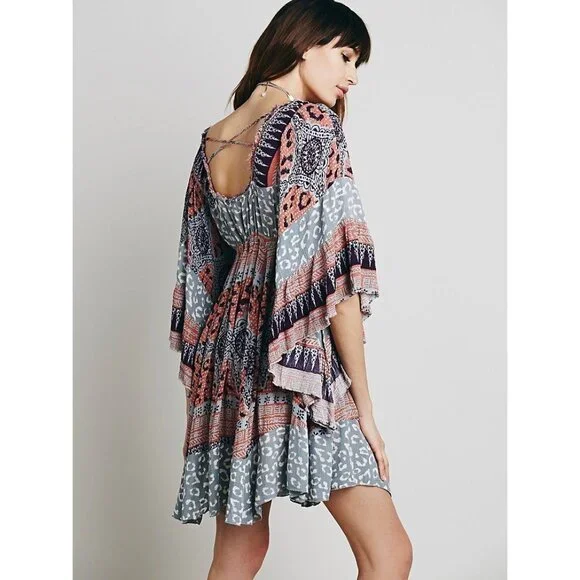 Free People Boho Flowy Printed Bell Sleeve Crisscross Back Hippie Mini Dress - Picture 9 of 14